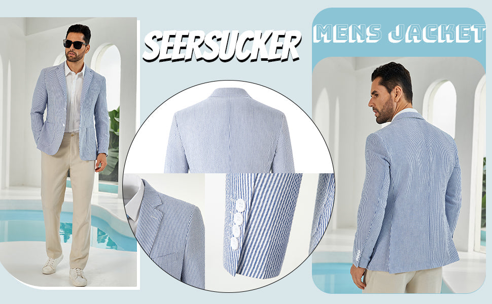 Stylish men's seersucker suit showcasing a light blue jacket paired with beige pants