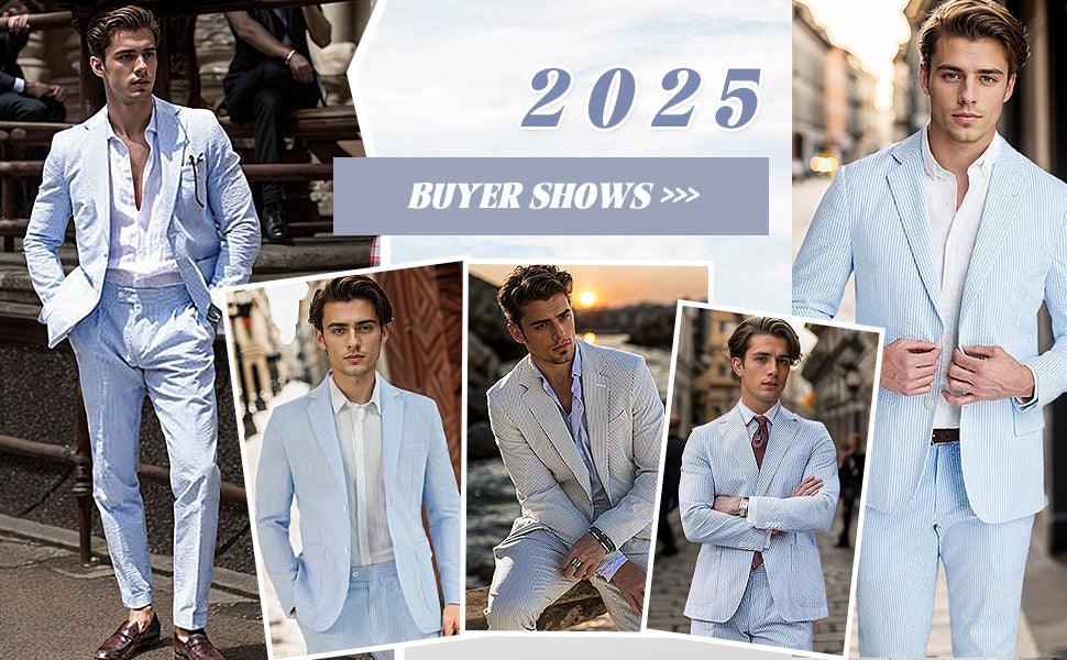 Stylish collection of linen suits showcased by buyers in various settings and poses