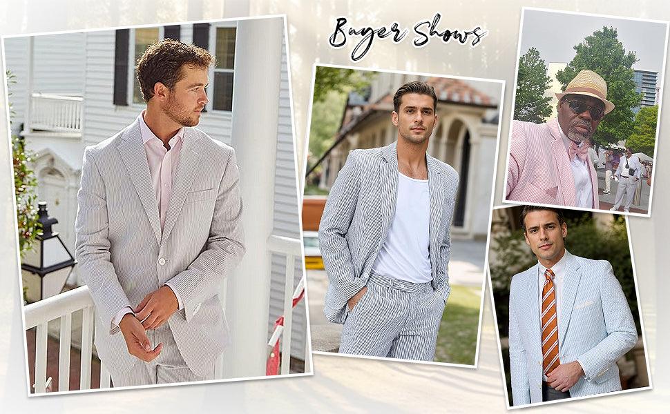 Stylish men showcasing seersucker suits in various settings and styles