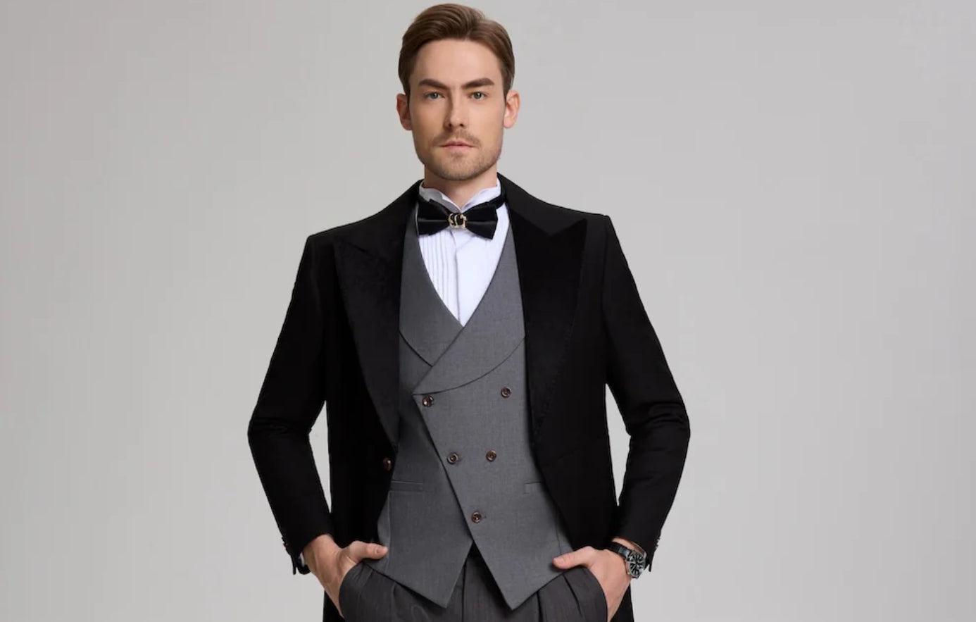 Elegant tuxedo for men featuring a gray waistcoat and a sophisticated bow tie