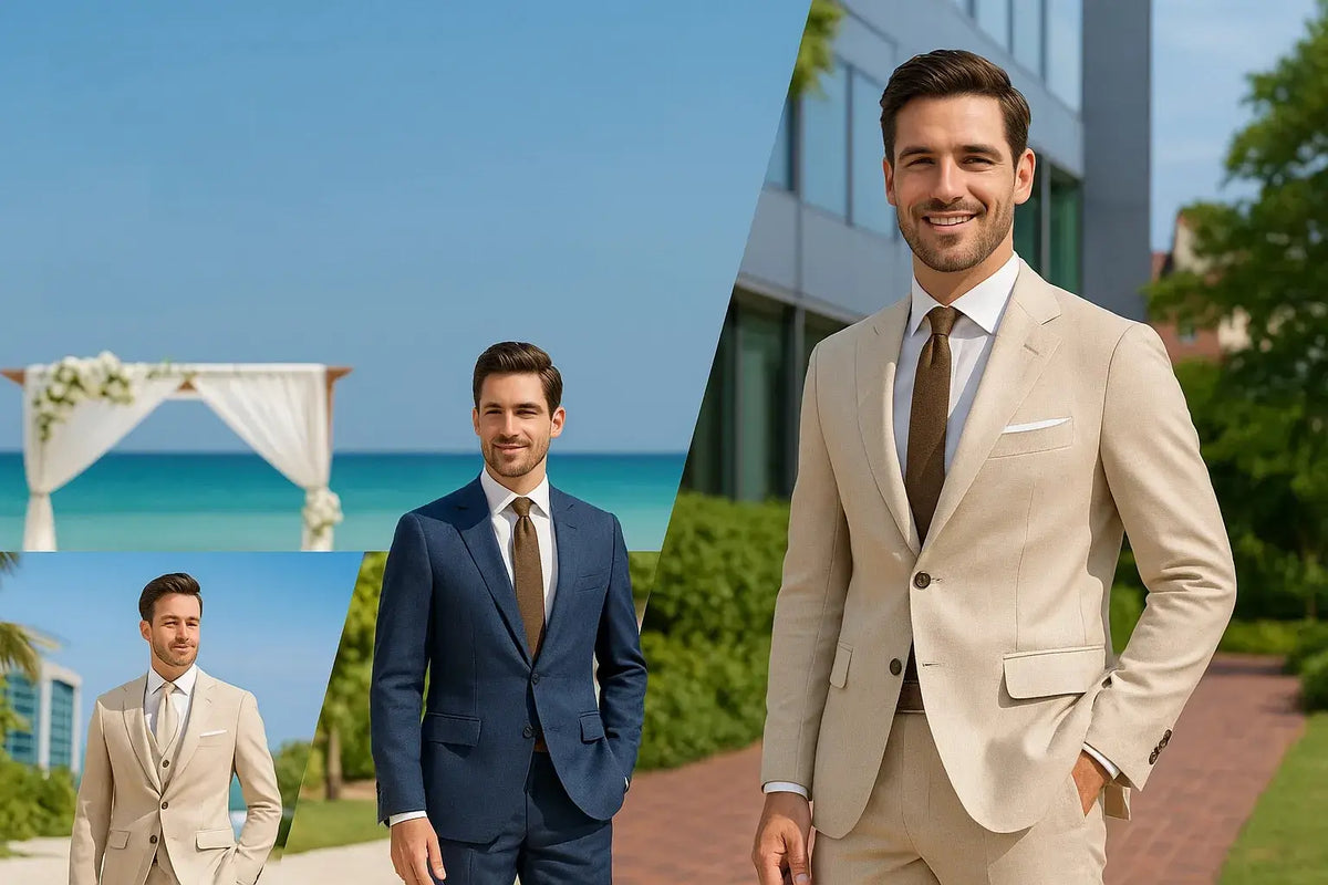 man wearing beige linen suit in summer outdoor settings - beach wedding, business office, and garden party