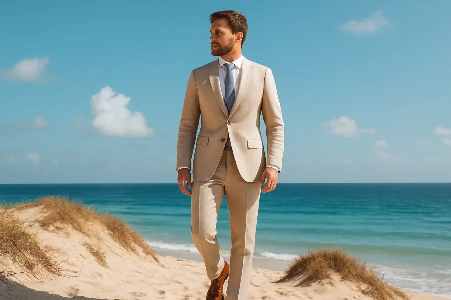 Man wearing beige linen suit on beach, representing breathable summer style for hot weather comparison