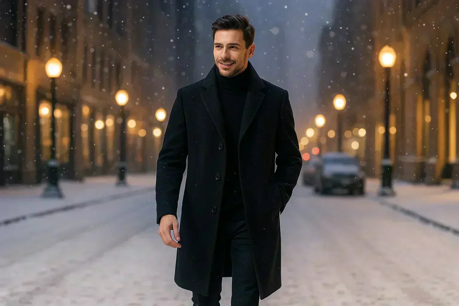 stylish long winter coats for men in snow city street