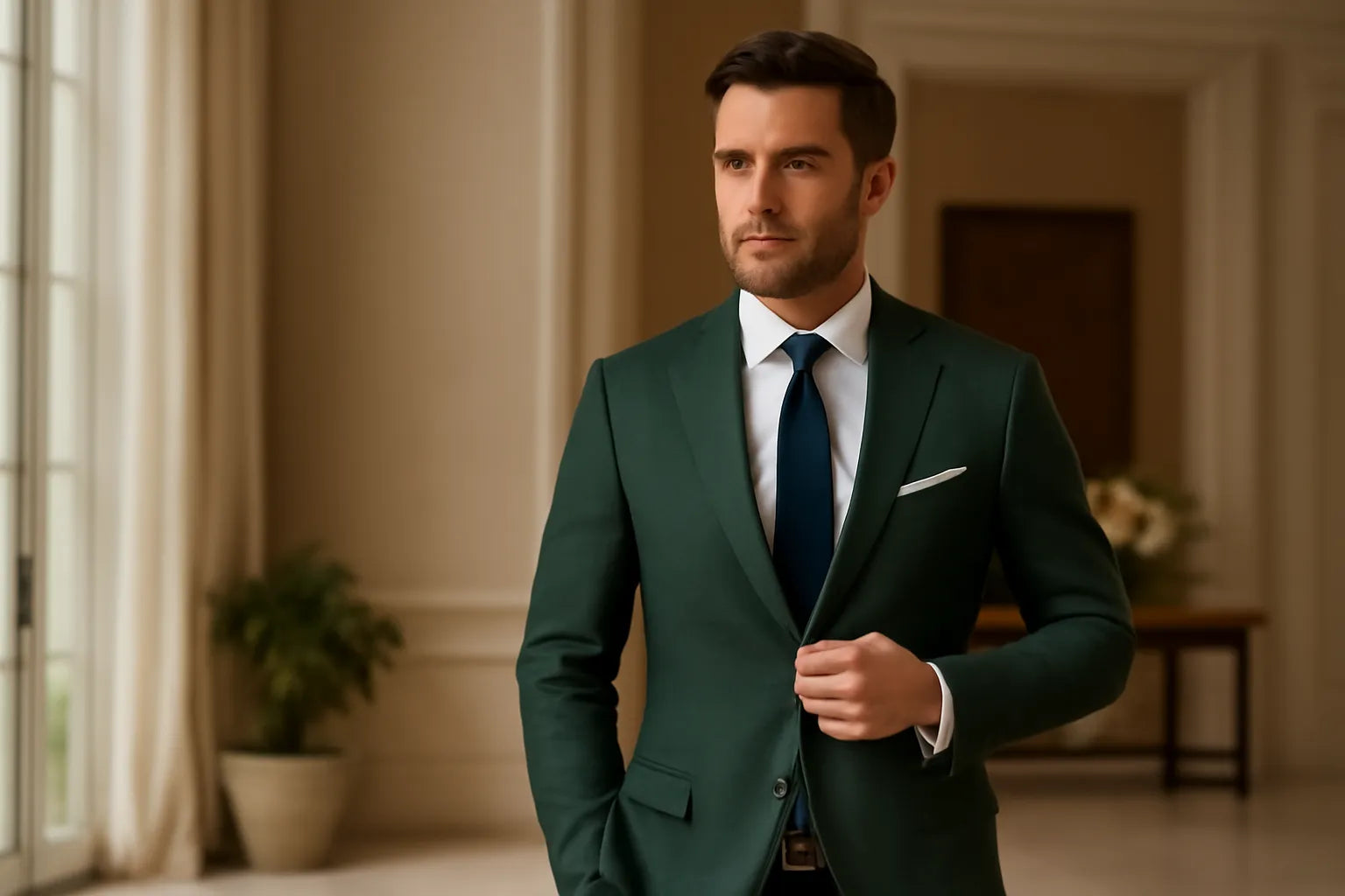 Model in a formal deep green linen suit with accessories for a 2025 wedding or business event