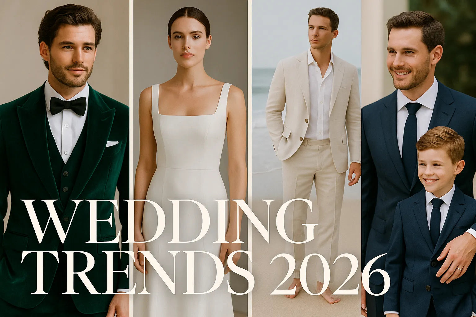 2026 wedding trends collage with emerald velvet groom suit, minimalist gown, linen beach outfit, and father-son suits.