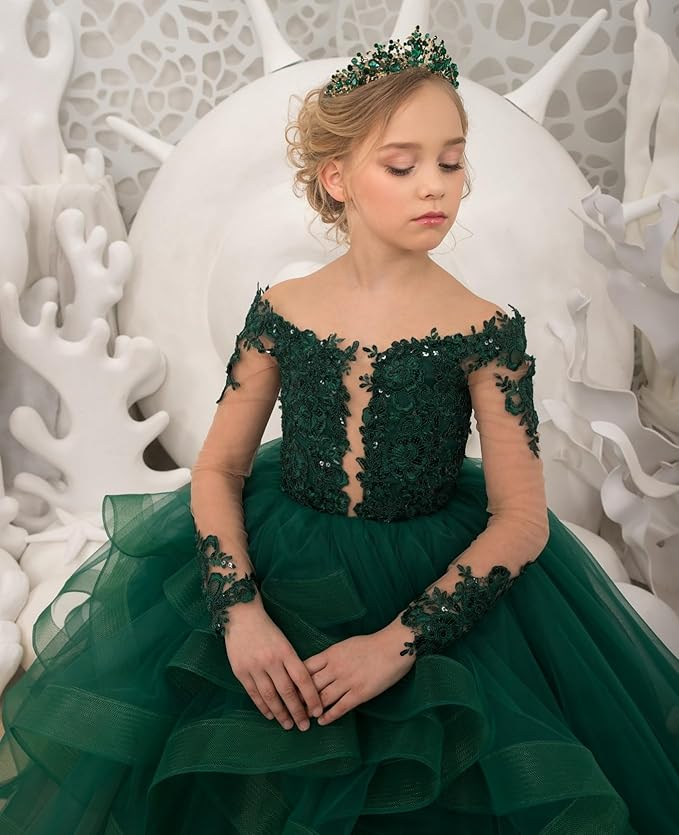 Long Sleeve Flower Girl Dresses Lace Applique Princess Ruffles Tulle Party Gown