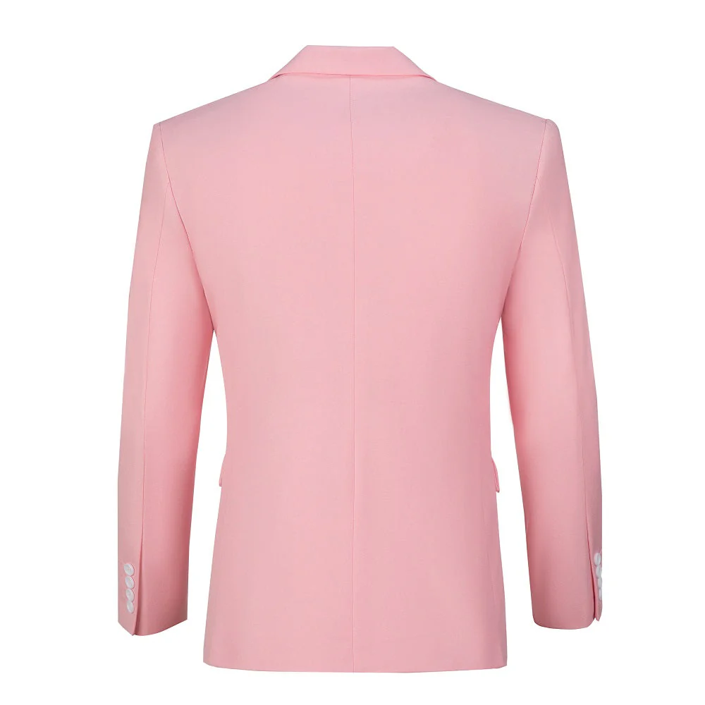 Men's pink two button blazer back view - slim fit center seam with four white button cuffs formal jacket
