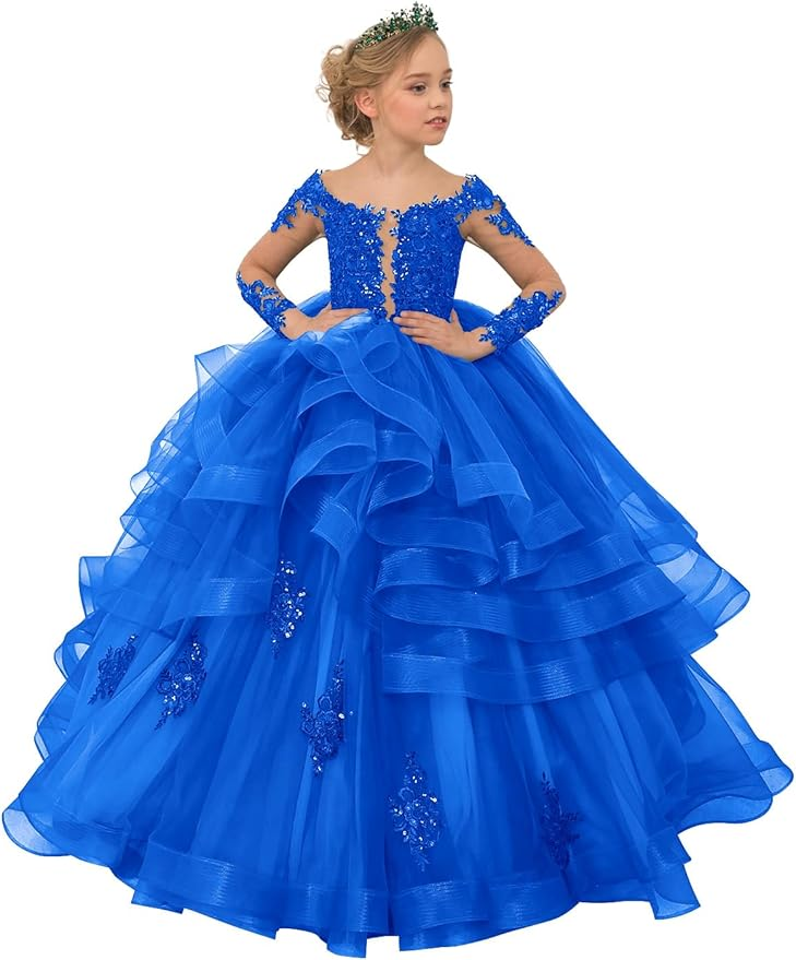 Long Sleeve Flower Girl Dresses Lace Applique Princess Ruffles Tulle Party Gown
