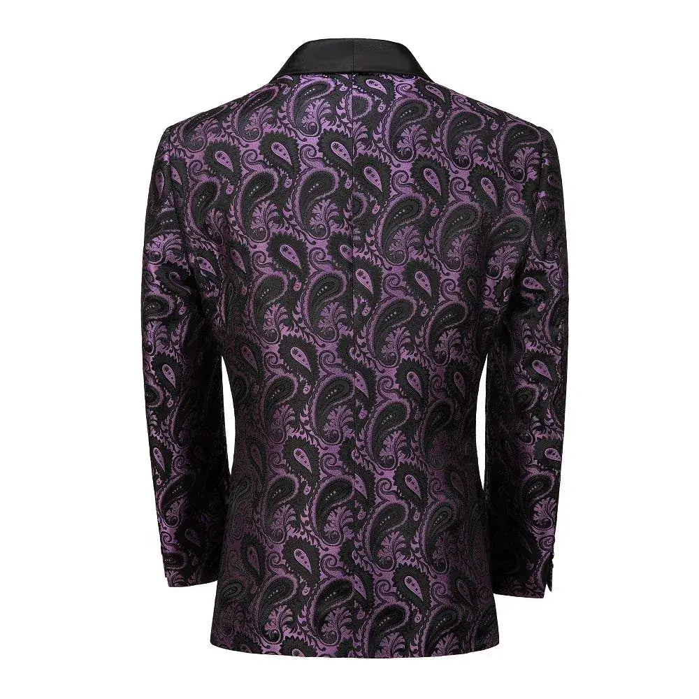 Back view of a purple paisley patterned blazer with black satin peak lapels.