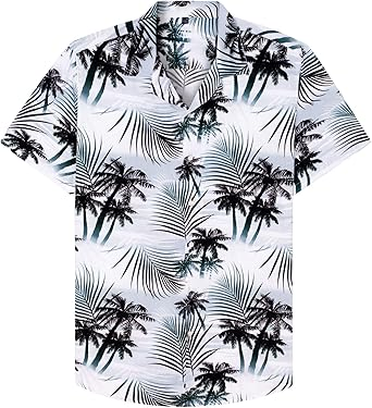 Close-up of collar stitching on white palm leaf summer shirt – men’s travel-ready short sleeve shirt in tropical style