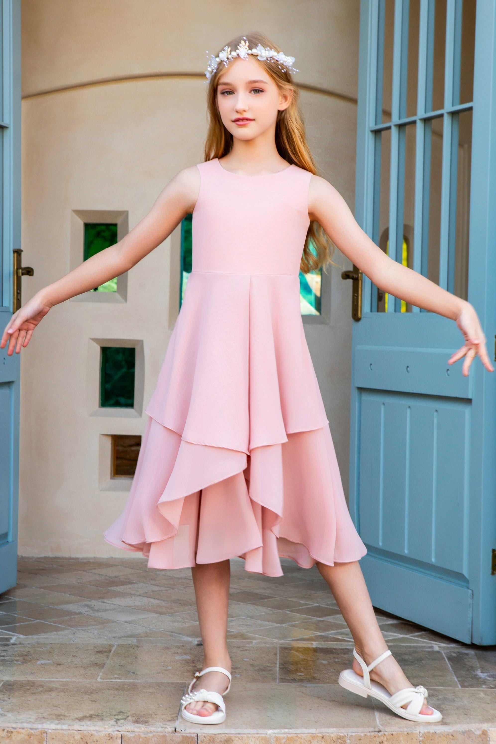 Elegant Ruffle Chiffon Flower Girl Gown Dress