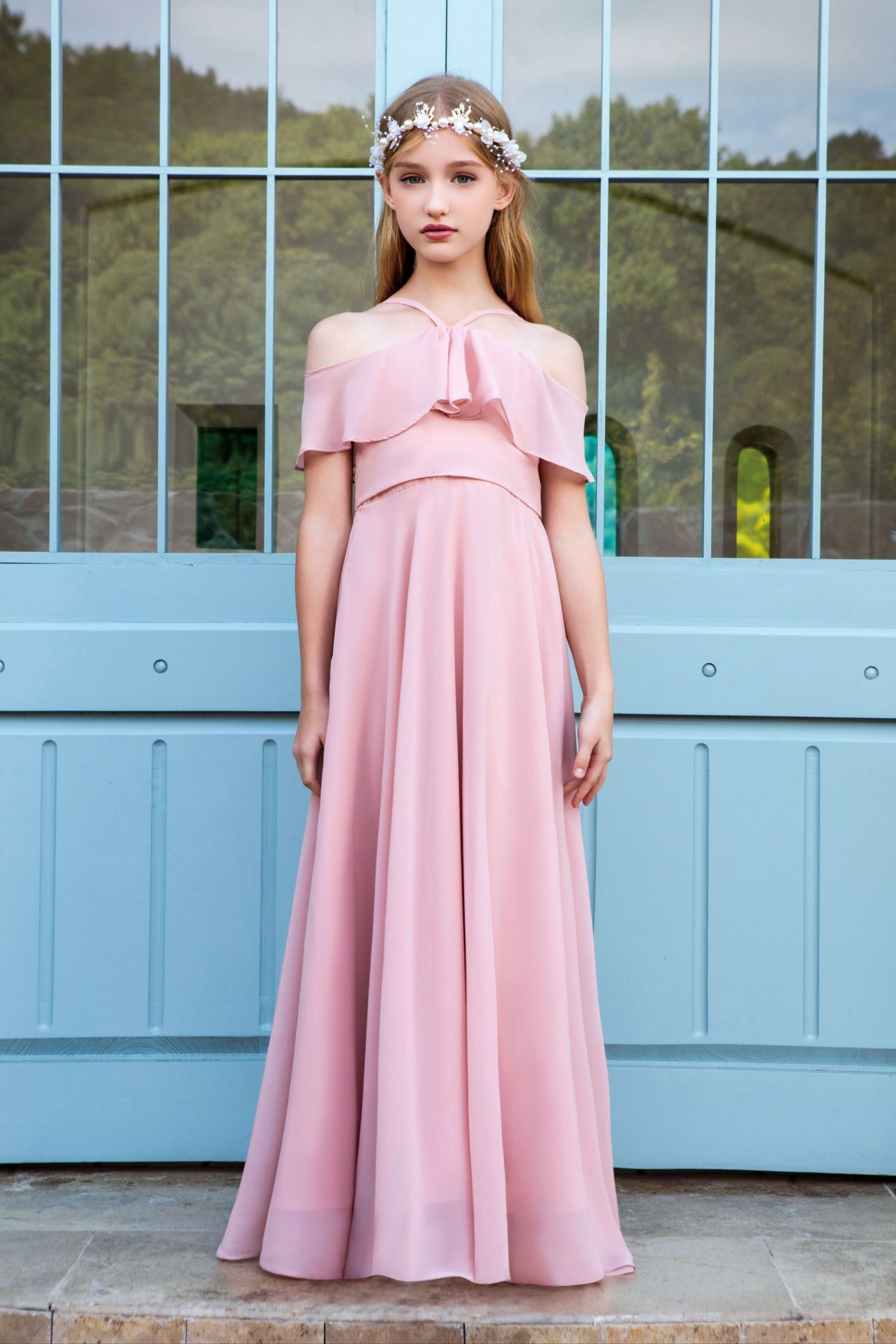 Ruffon Sleeves Chiffon Flower Girl Gown Dress