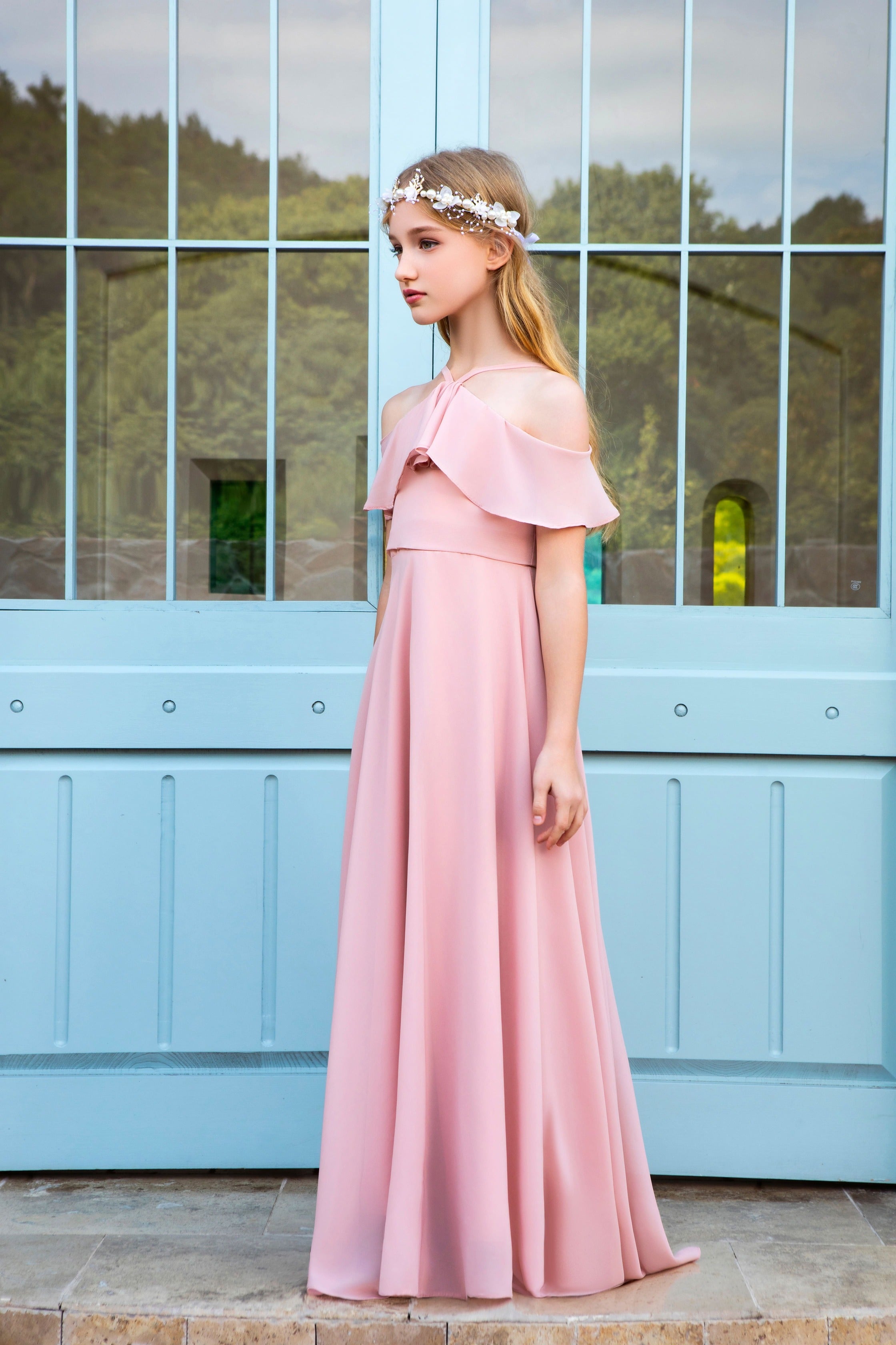 Ruffon Sleeves Chiffon Flower Girl Gown Dress