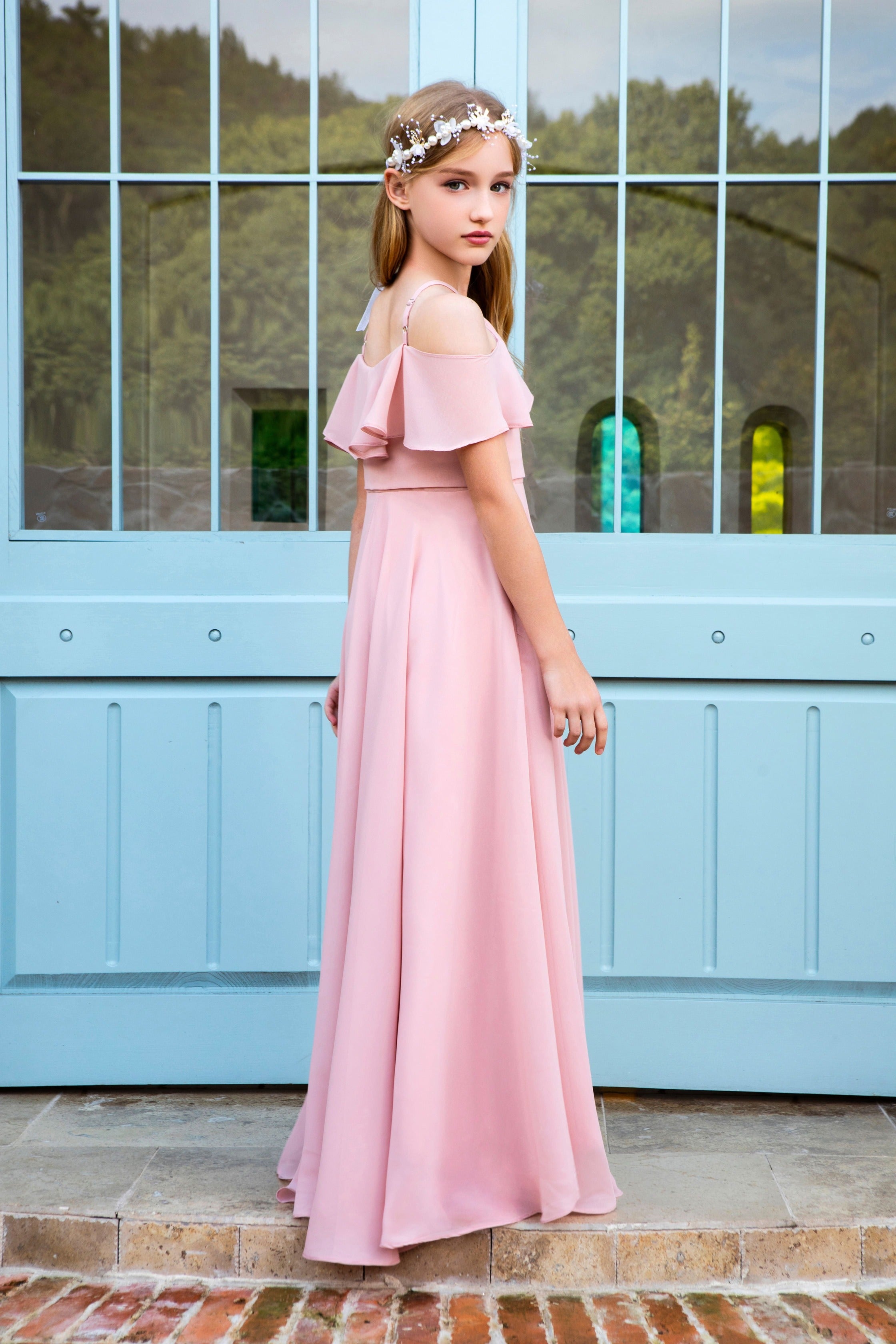 Ruffon Sleeves Chiffon Flower Girl Gown Dress