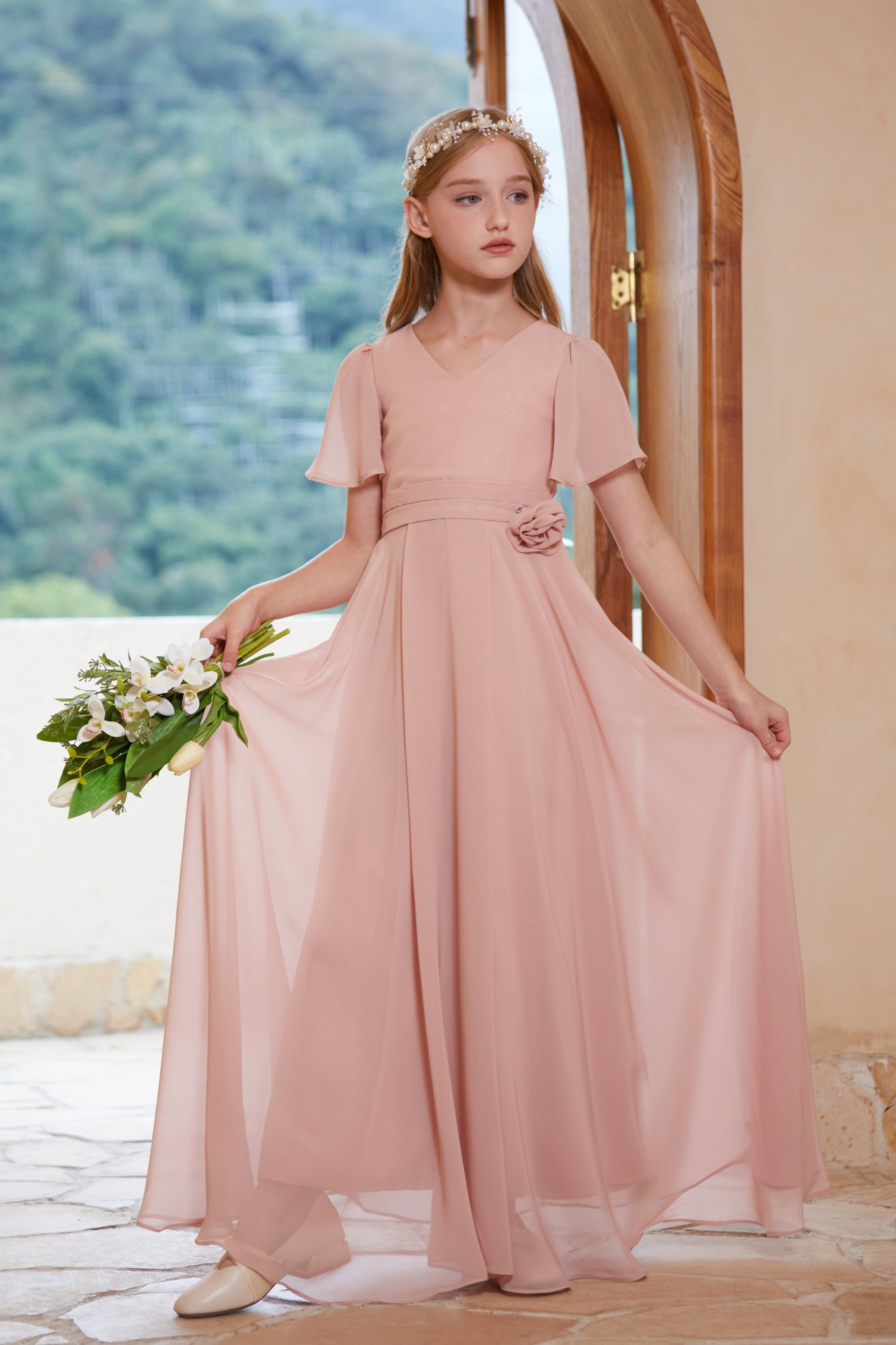 Elegant Pleated Chiffon Flower Girl Gown Dress