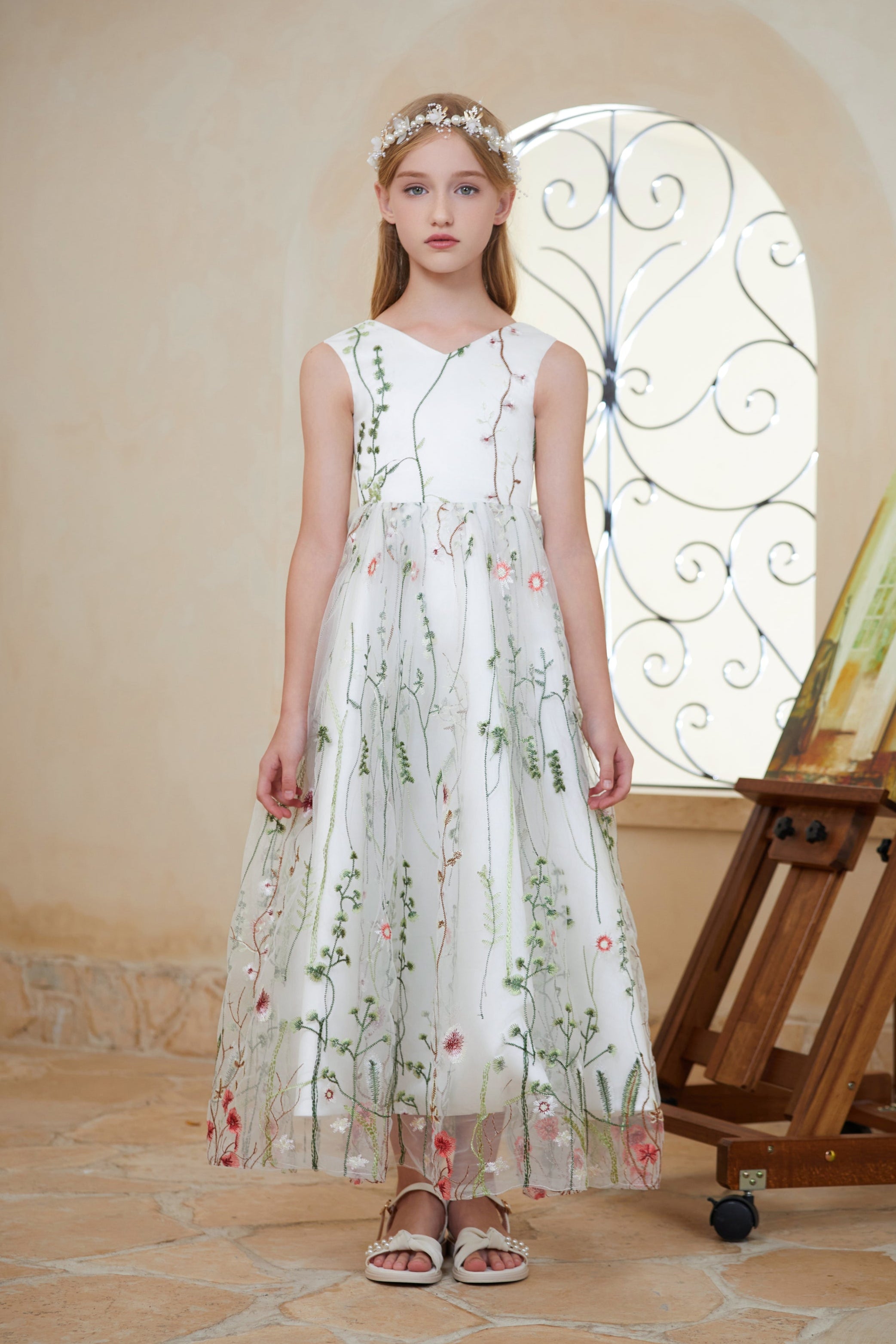 Floral Diamond White A-Line Lace Tulle Dress