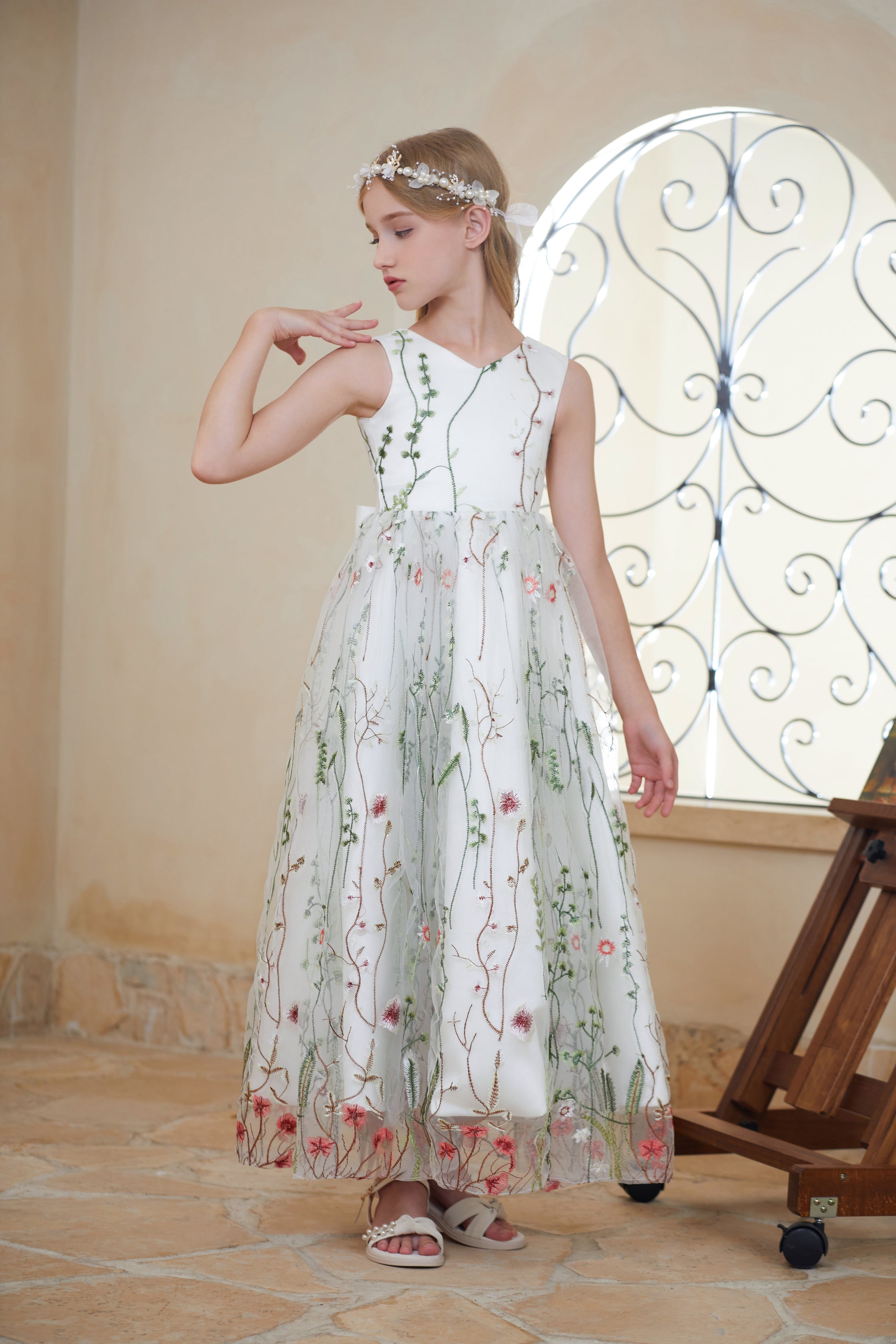 Floral Diamond White A-Line Lace Tulle Dress