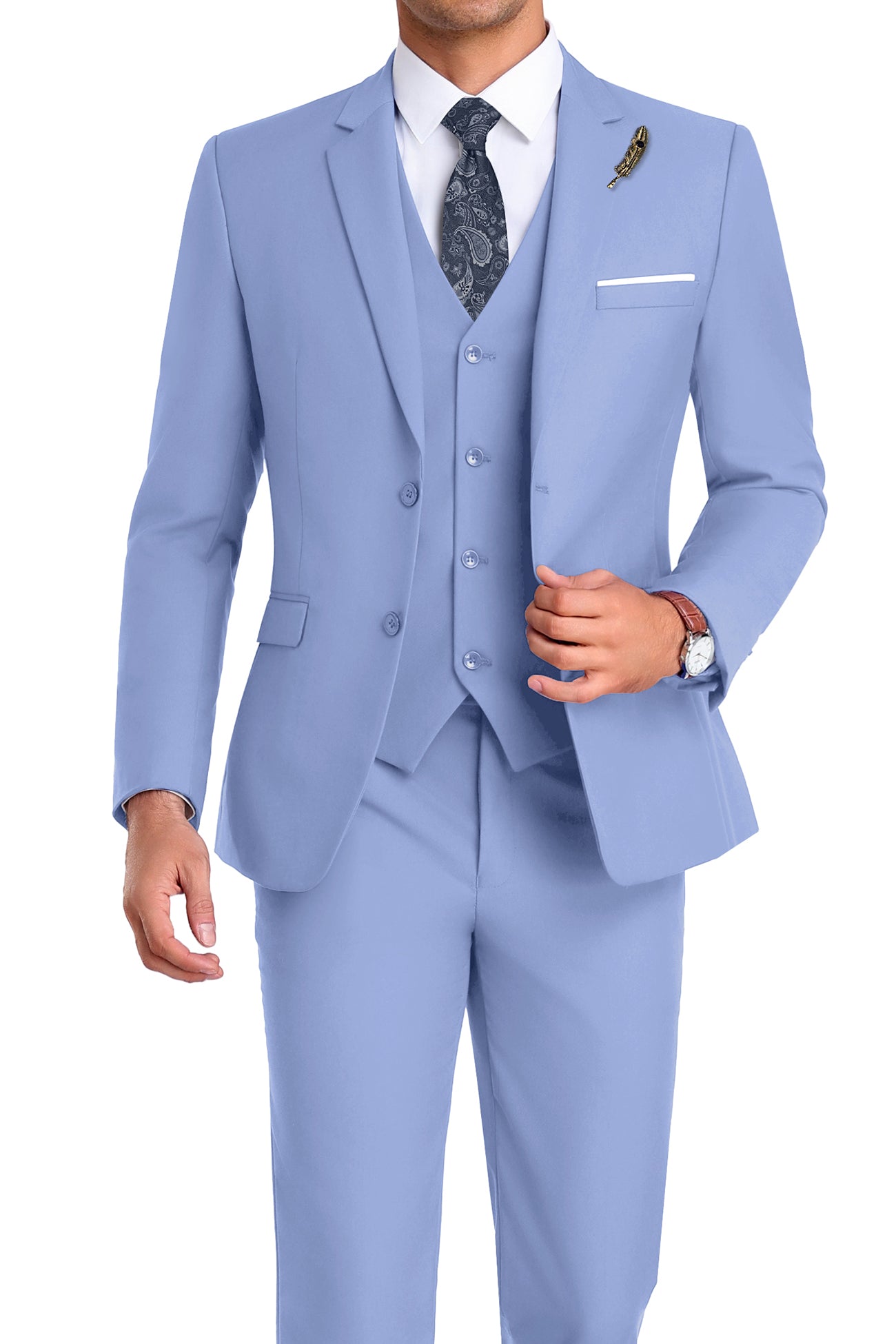 Model in light purple 3-piece slim fit suit with tie and white shirt, posing front-facing with confident posture