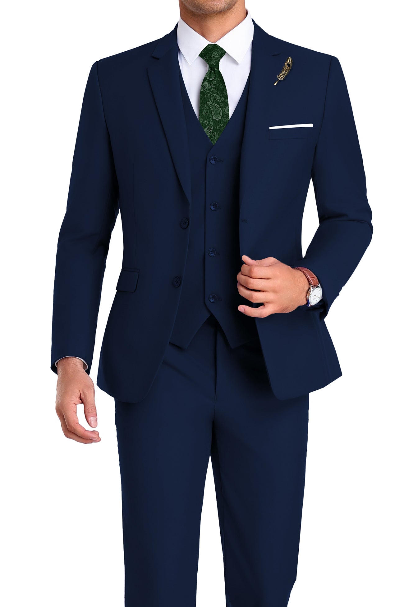 Model in navy blue 3-piece slim fit suit with tie and white shirt, posing front-facing with confident posture