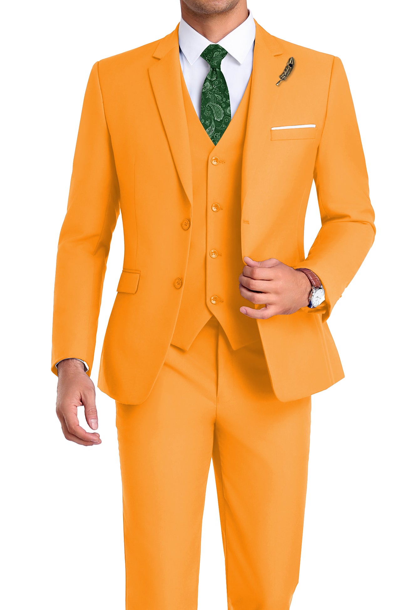 Model in orange 3-piece slim fit suit with tie and white shirt, posing front-facing with confident posture