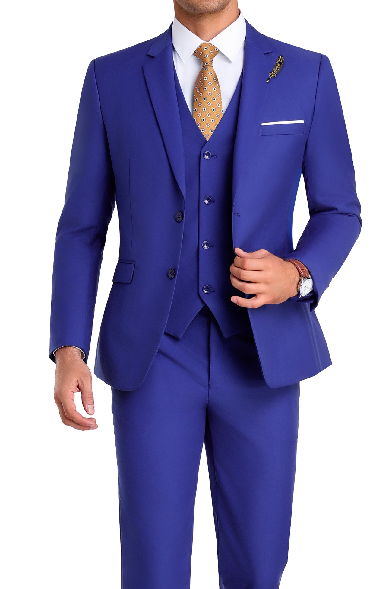Close-up of royal blue slim fit suit jacket with pocket square and lapel pin detail