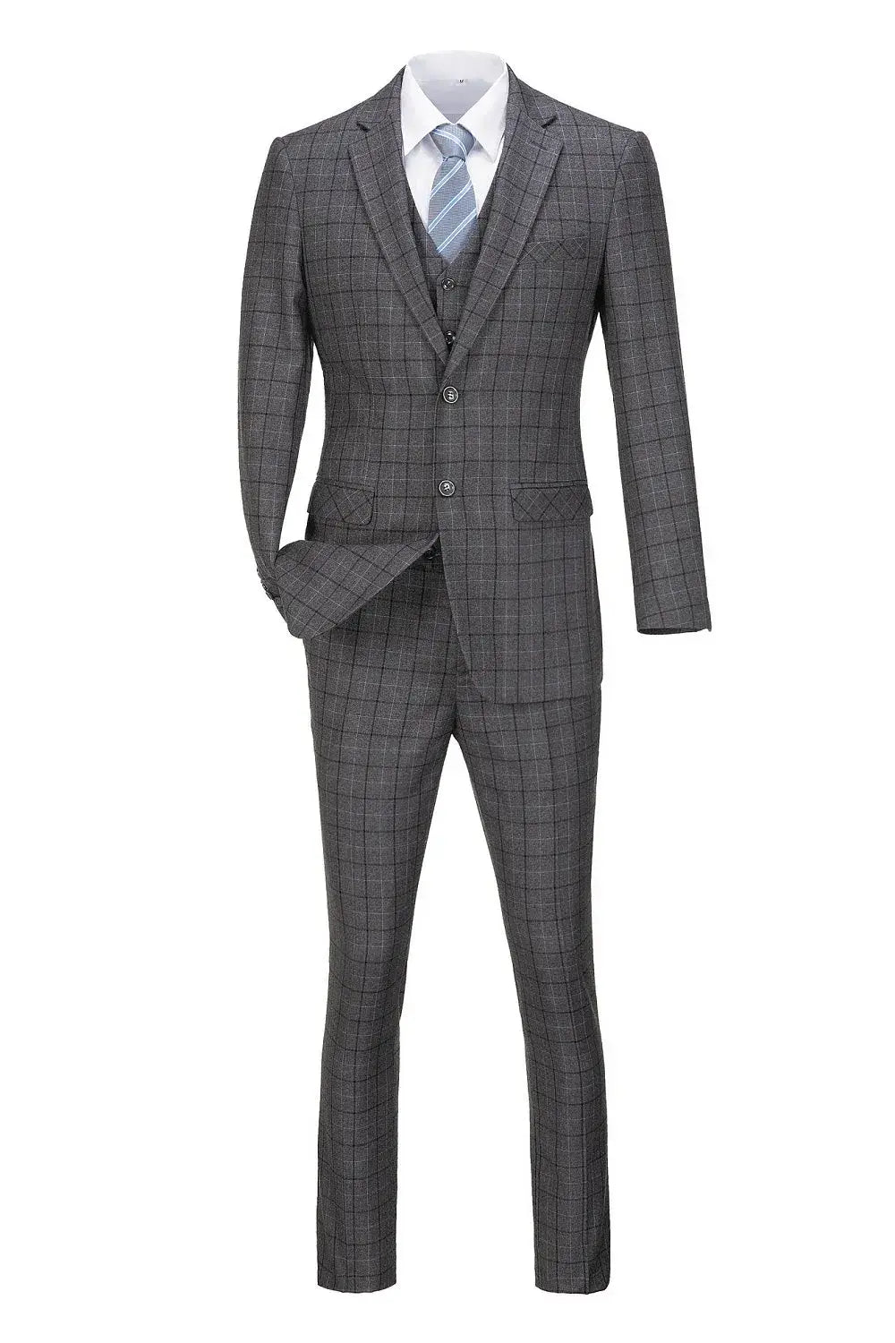 Grey plaid three-piece men's suit with blazer, vest, and pants.