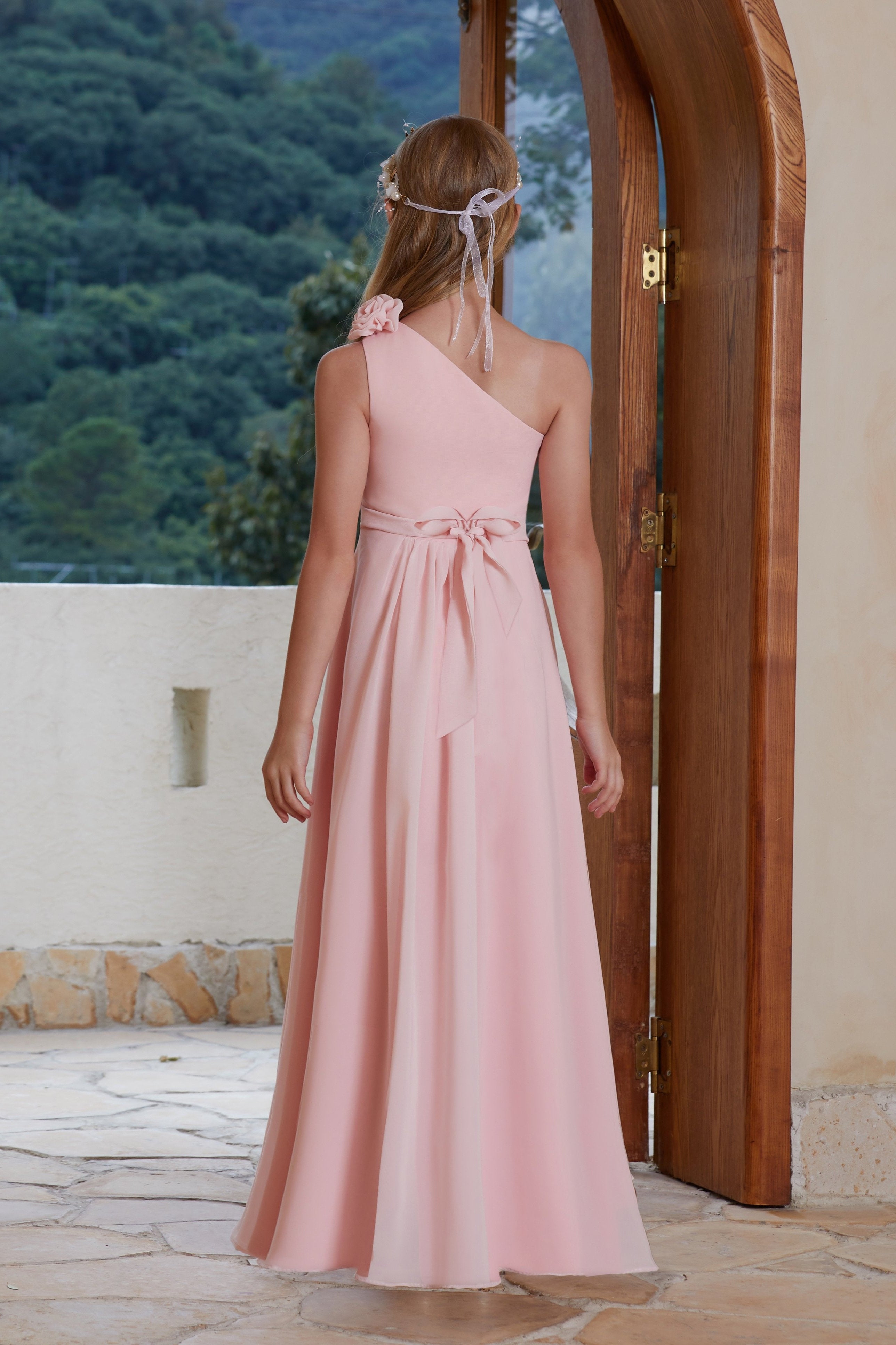 Pink One-Sided Strapless Chiffon Flower Girl Dress
