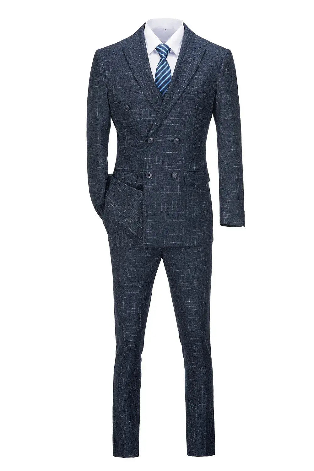 Full view of navy plaid double-breasted blazer with matching trousers and striped tie