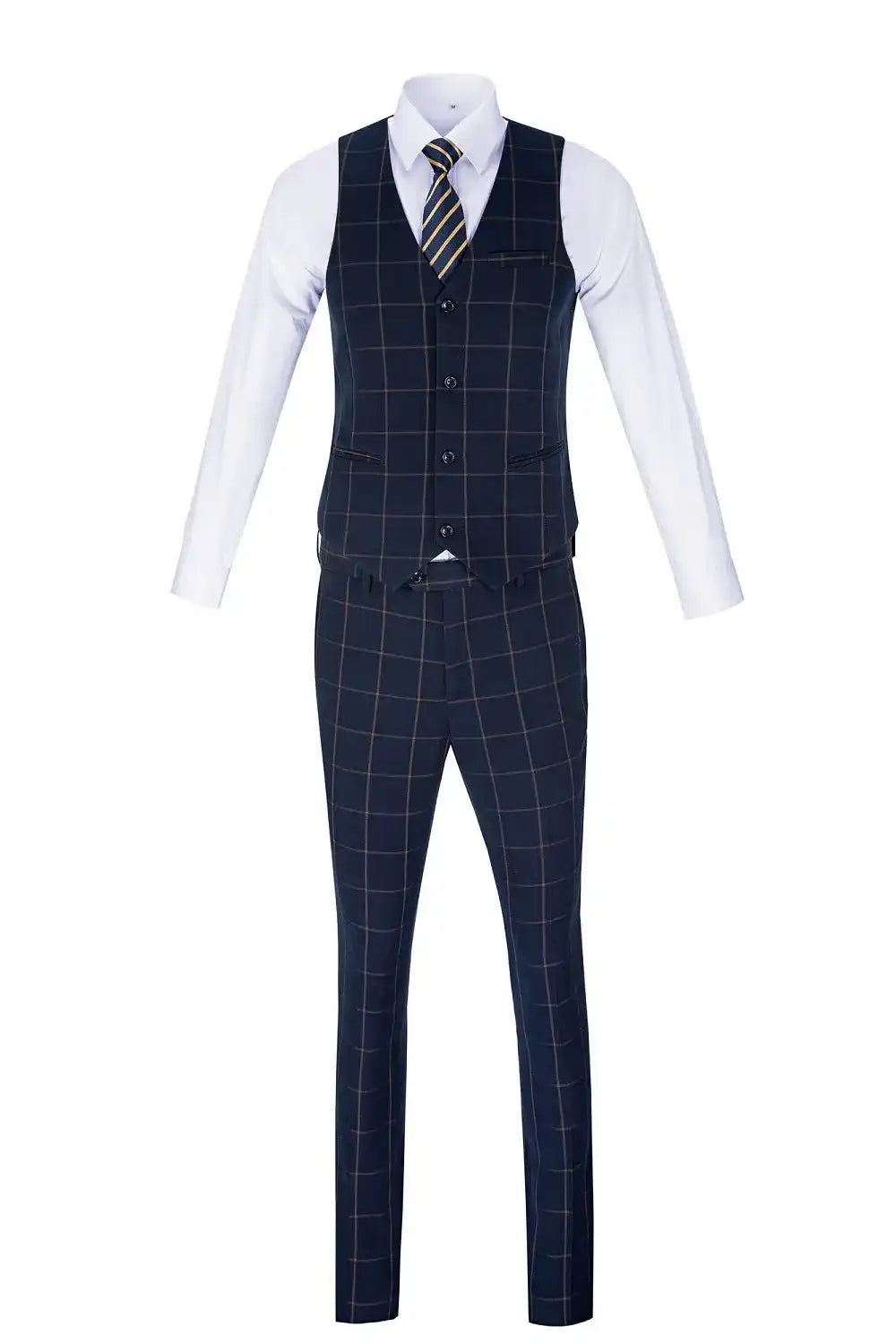 Men's navy orange grid suit – bold check pattern with fitted tailoring