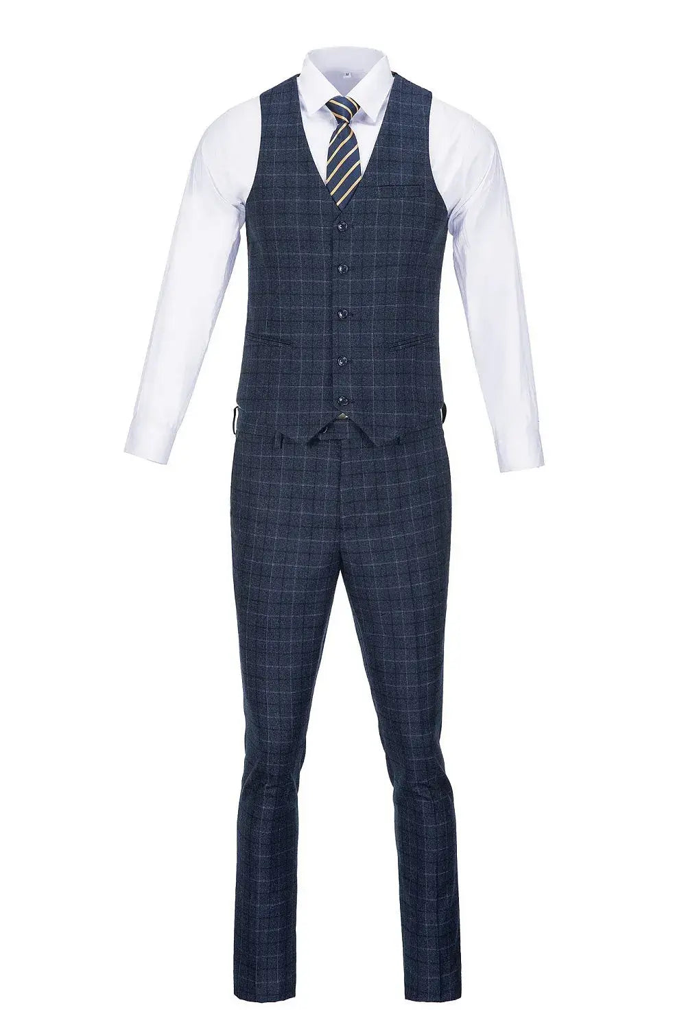 Front view of navy plaid suit vest and pants for men’s 3 piece set