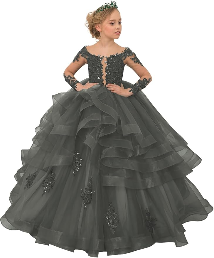 Long Sleeve Flower Girl Dresses Lace Applique Princess Ruffles Tulle Party Gown