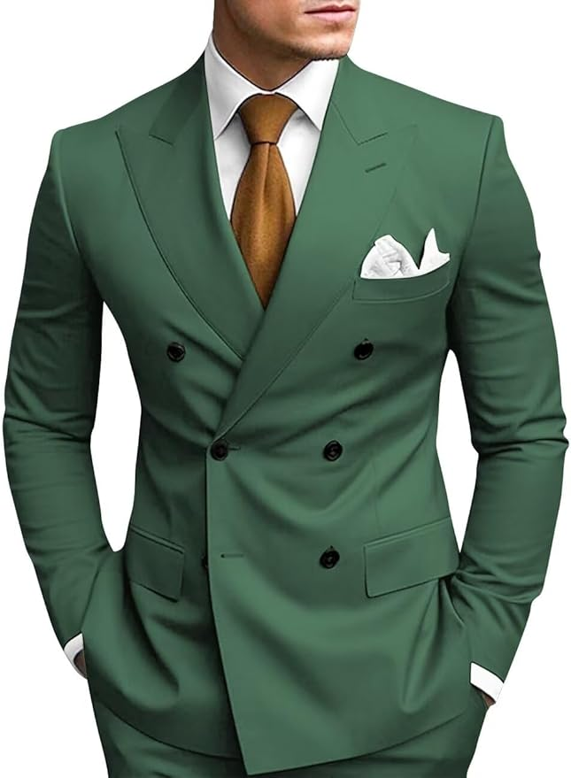 Dark Green double breasted 2 piece slim fit men’s suit with peak lapel – wedding or business formalwear