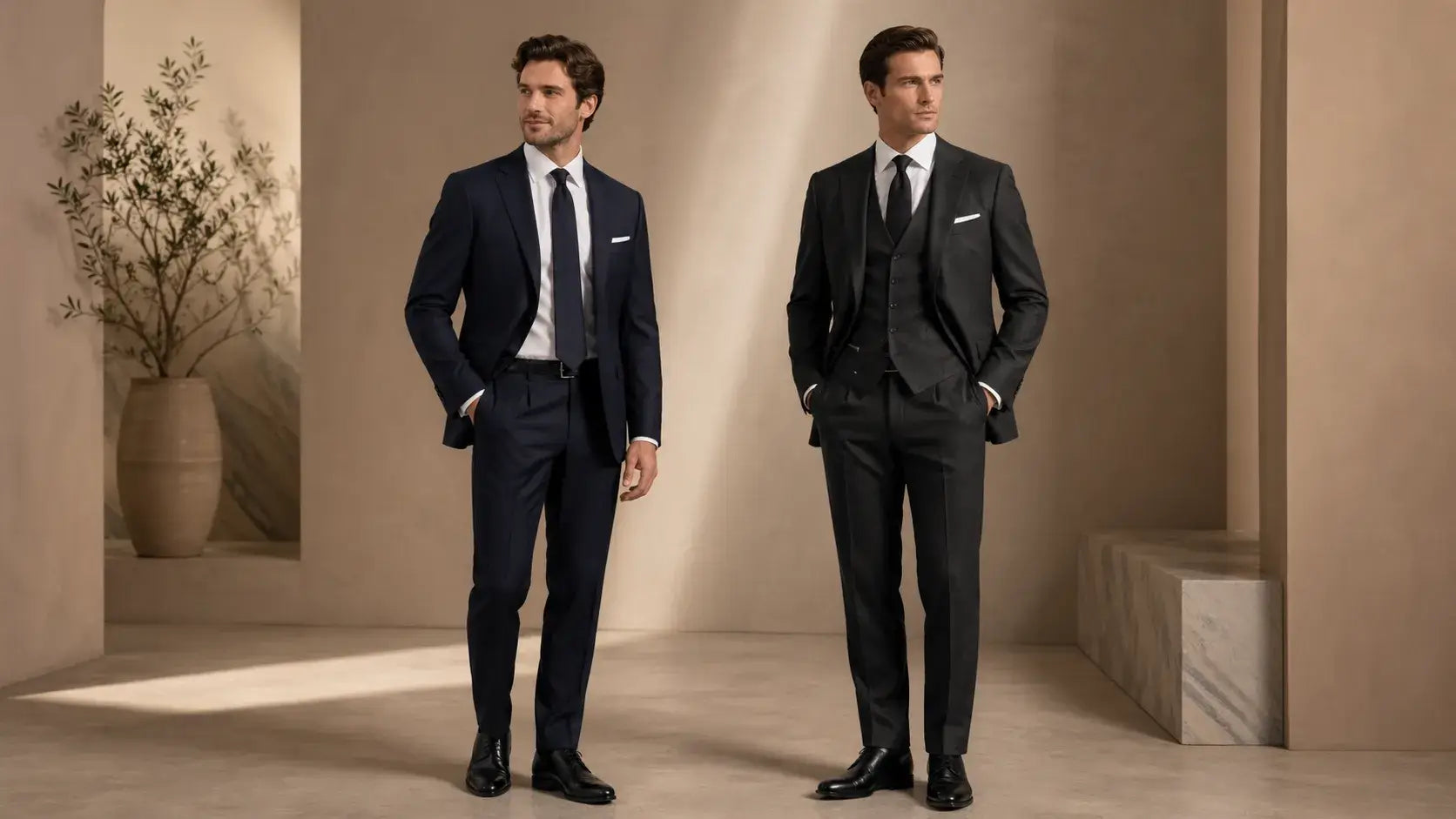 Side-by-side comparison of a two-piece suit and a three-piece suit in a modern menswear editorial style.