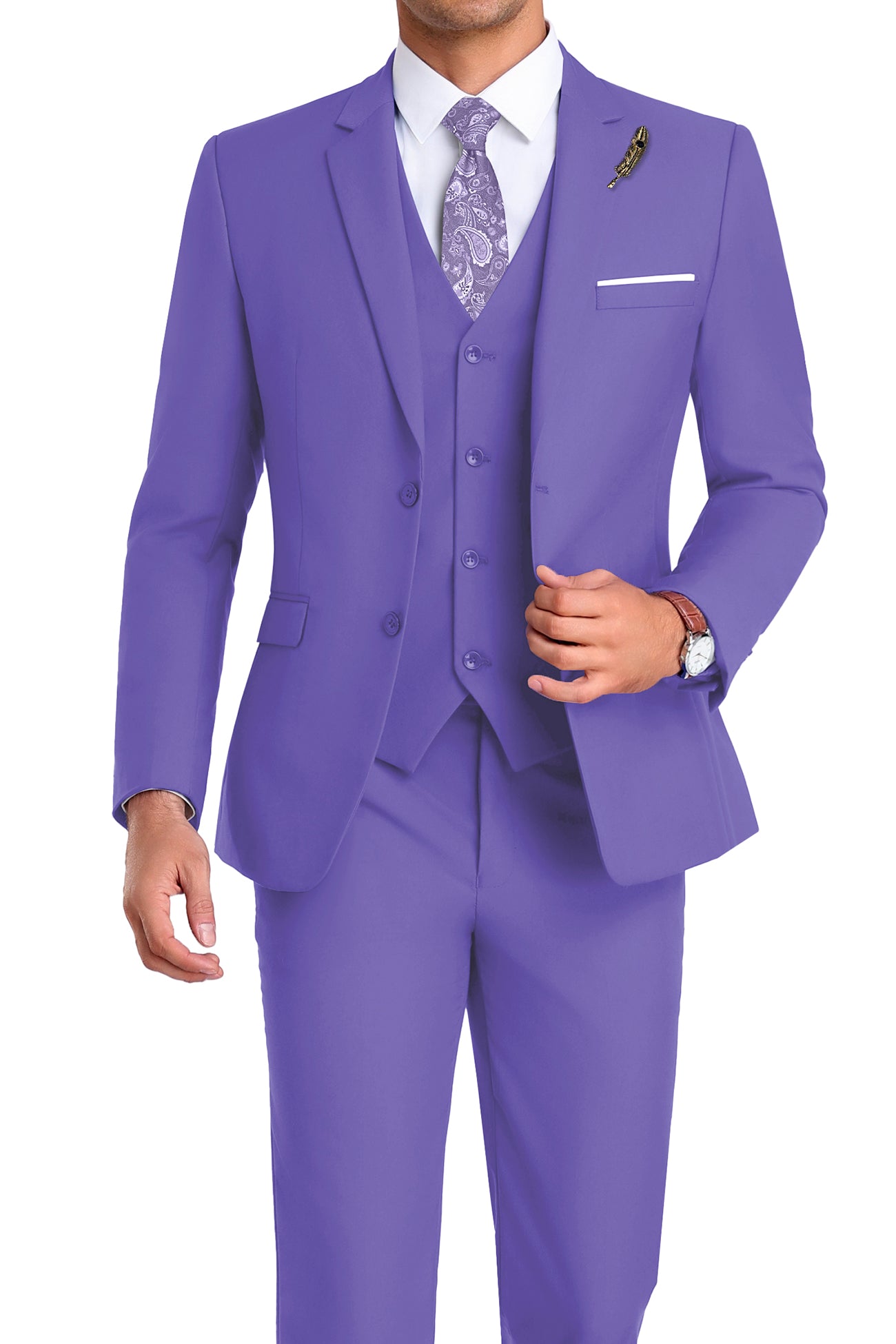 Model in violet 3-piece slim fit suit with tie and white shirt, posing front-facing with confident posture