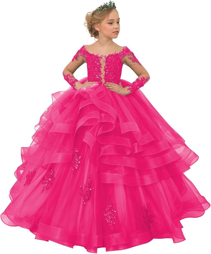Long Sleeve Flower Girl Dresses Lace Applique Princess Ruffles Tulle Party Gown