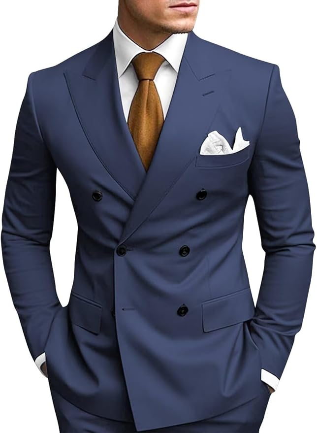 Navy double breasted 2 piece slim fit men’s suit with peak lapel – wedding or business formalwear