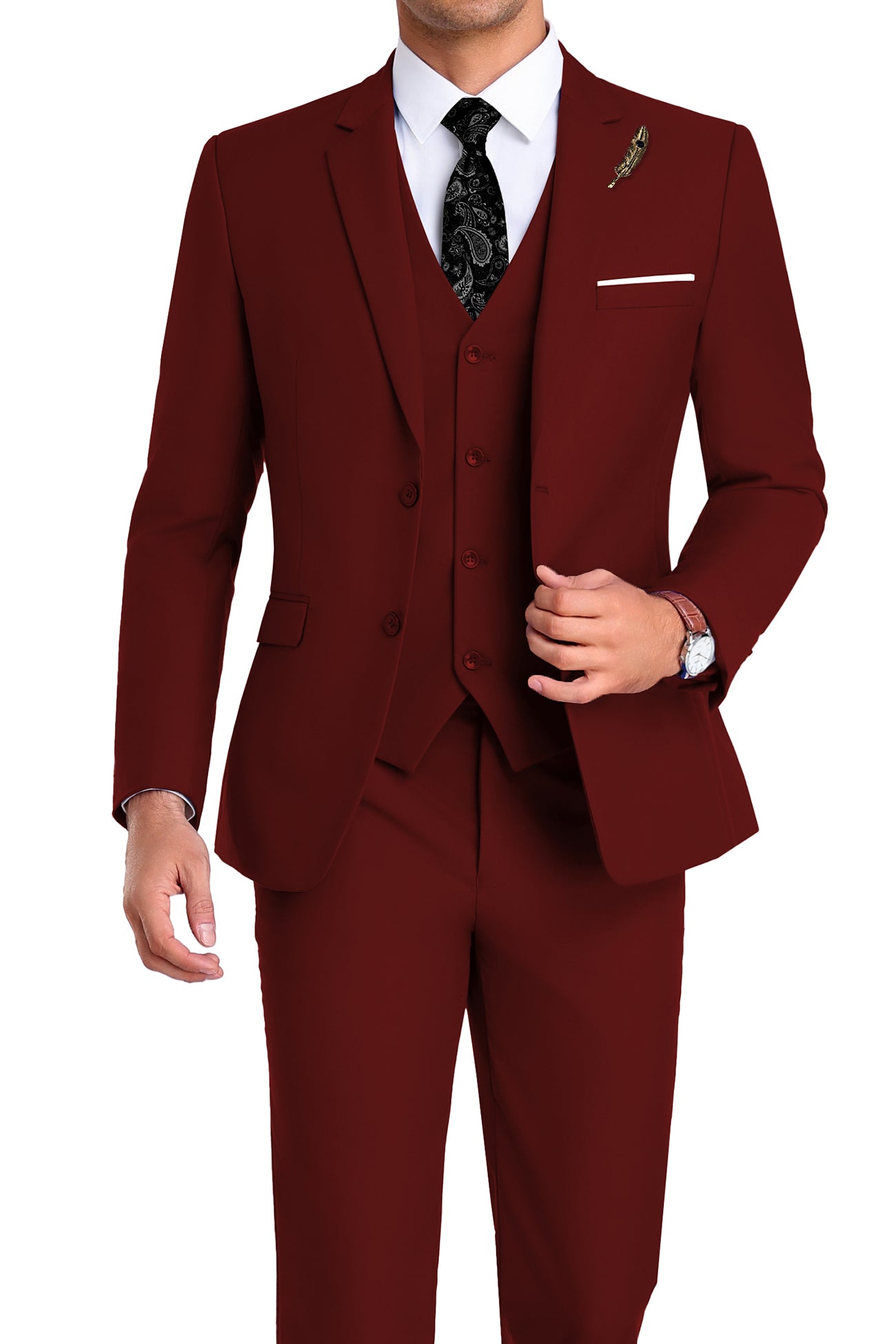 Model in burgundy 3-piece slim fit suit with tie and white shirt, posing front-facing with confident posture