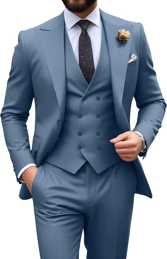 Men’s blue grey tuxedo set with tailored fit blazer, formal vest, and dress pants – ideal for casual weddings or prom