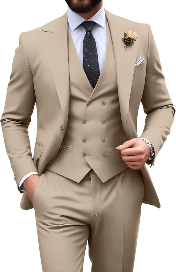 Men’s champagne tuxedo set with tailored fit blazer, formal vest, and dress pants – ideal for casual weddings or prom