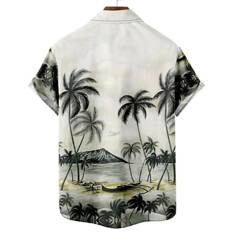 Back view of white tropical men’s shirt with stand collar – palm tree and canoe island print design