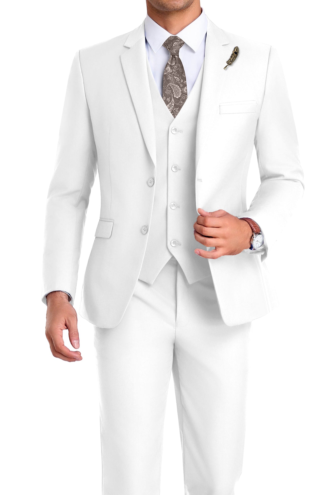 Model in white 3-piece slim fit suit with tie and white shirt, posing front-facing with confident posture