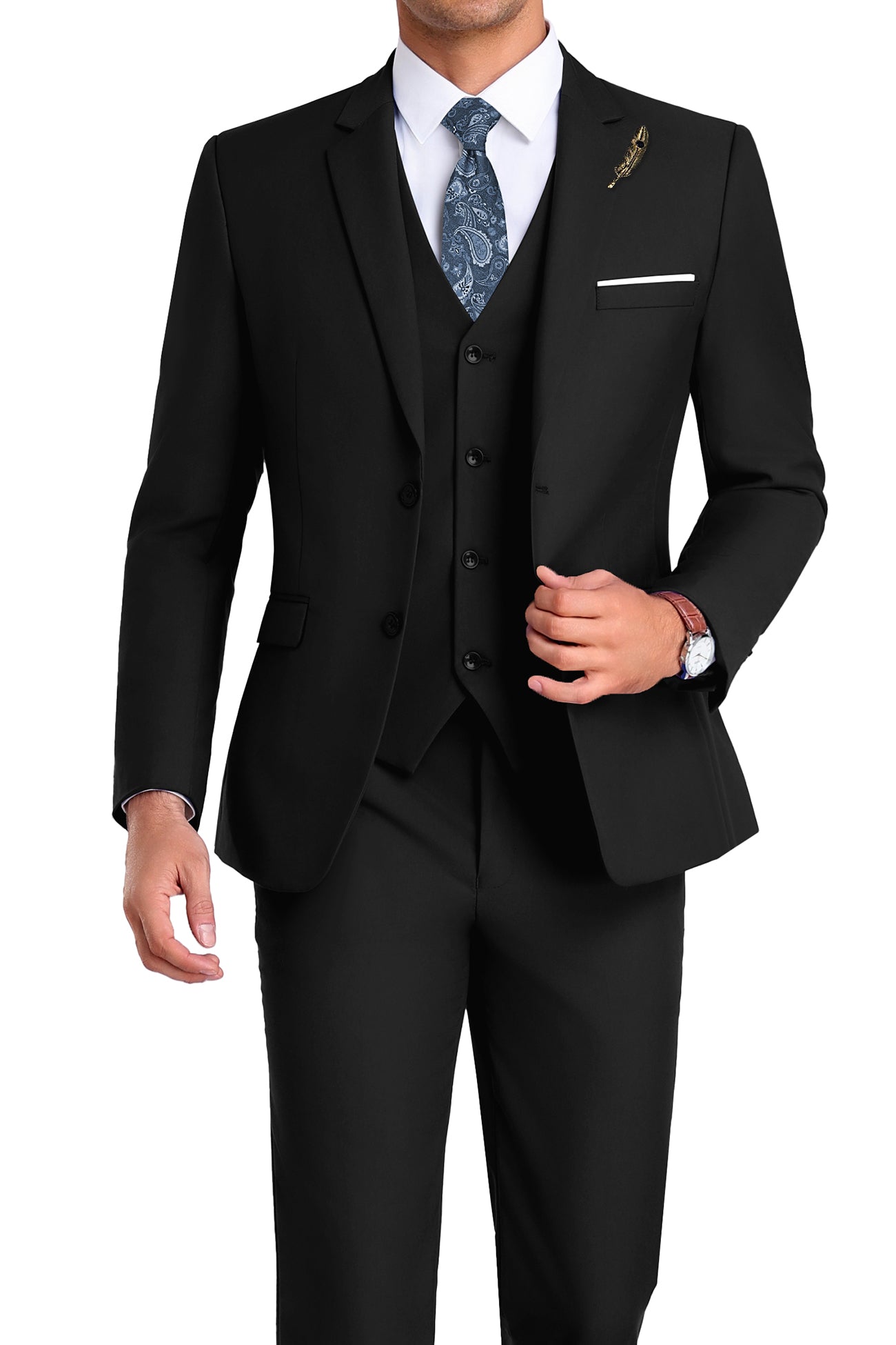 Model in black 3-piece slim fit suit with tie and white shirt, posing front-facing with confident posture