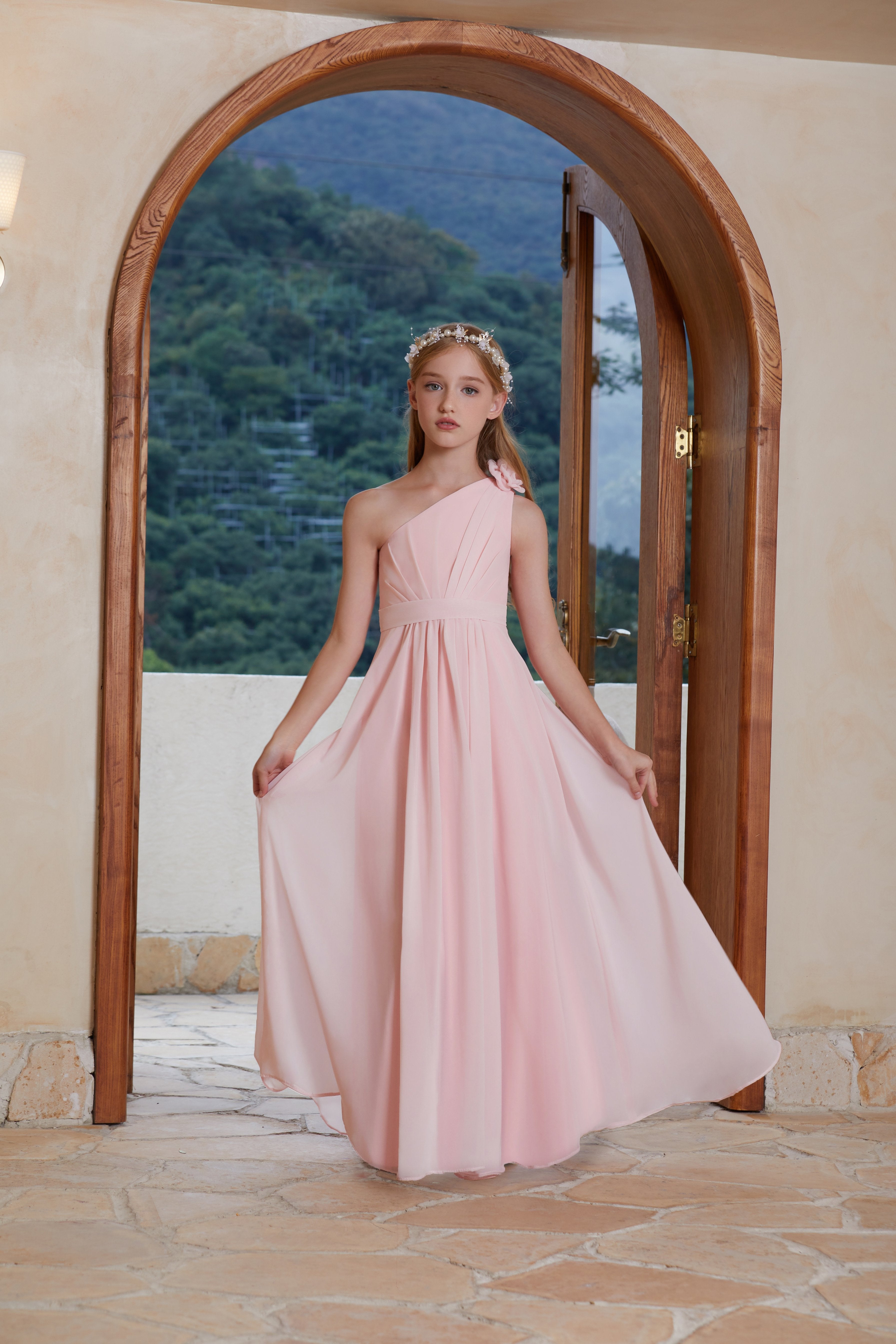 Pink One-Sided Strapless Chiffon Flower Girl Dress