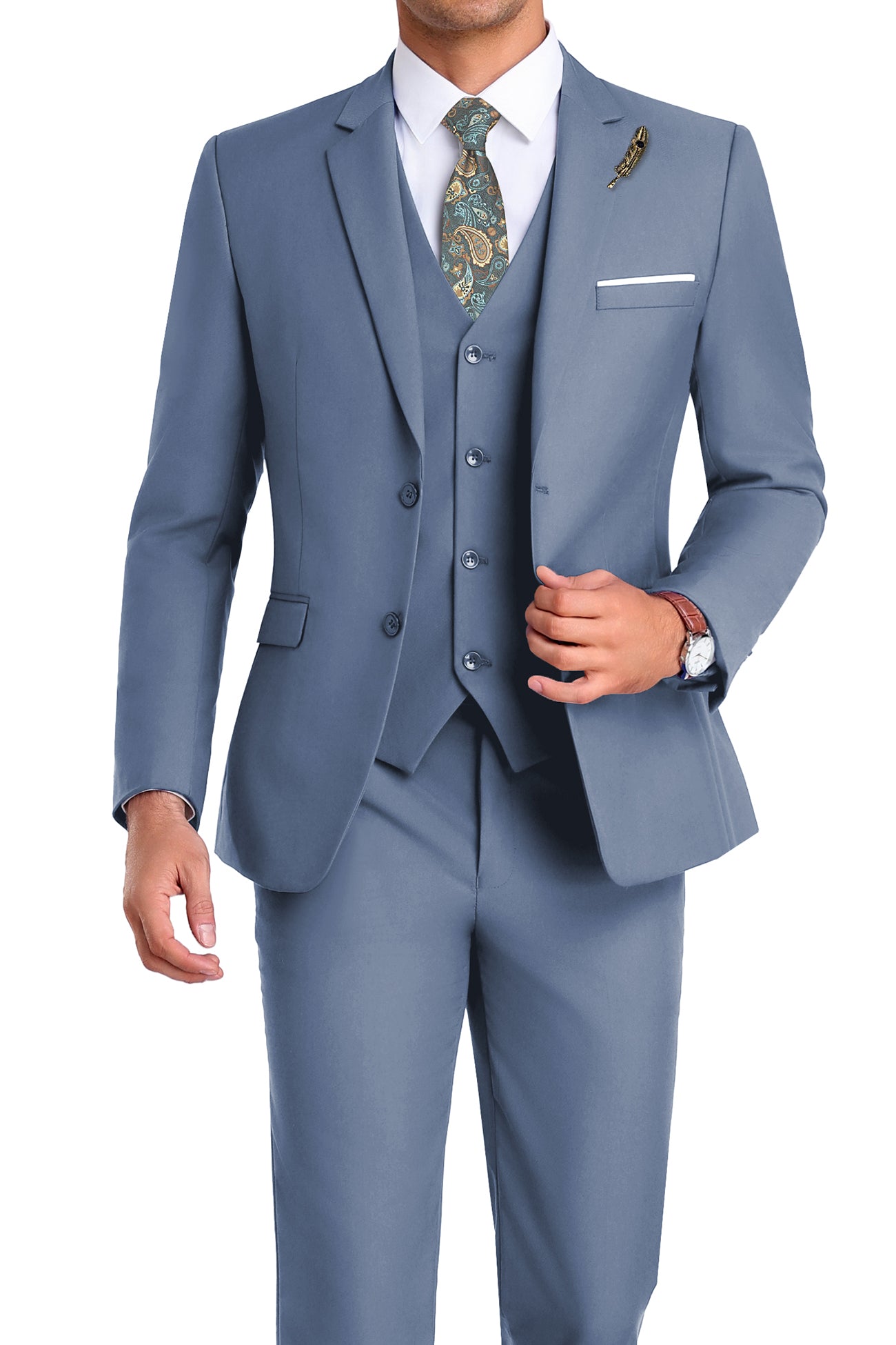 Model in denim blue 3-piece slim fit suit with tie and white shirt, posing front-facing with confident posture