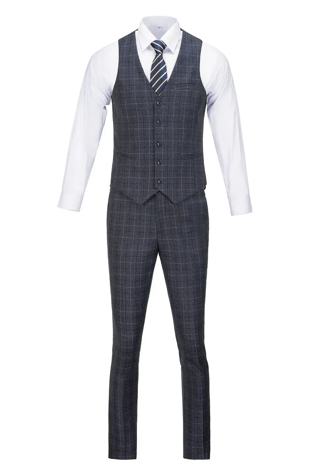 Close-up of unzipped dark grey plaid suit pants with button and hook closure