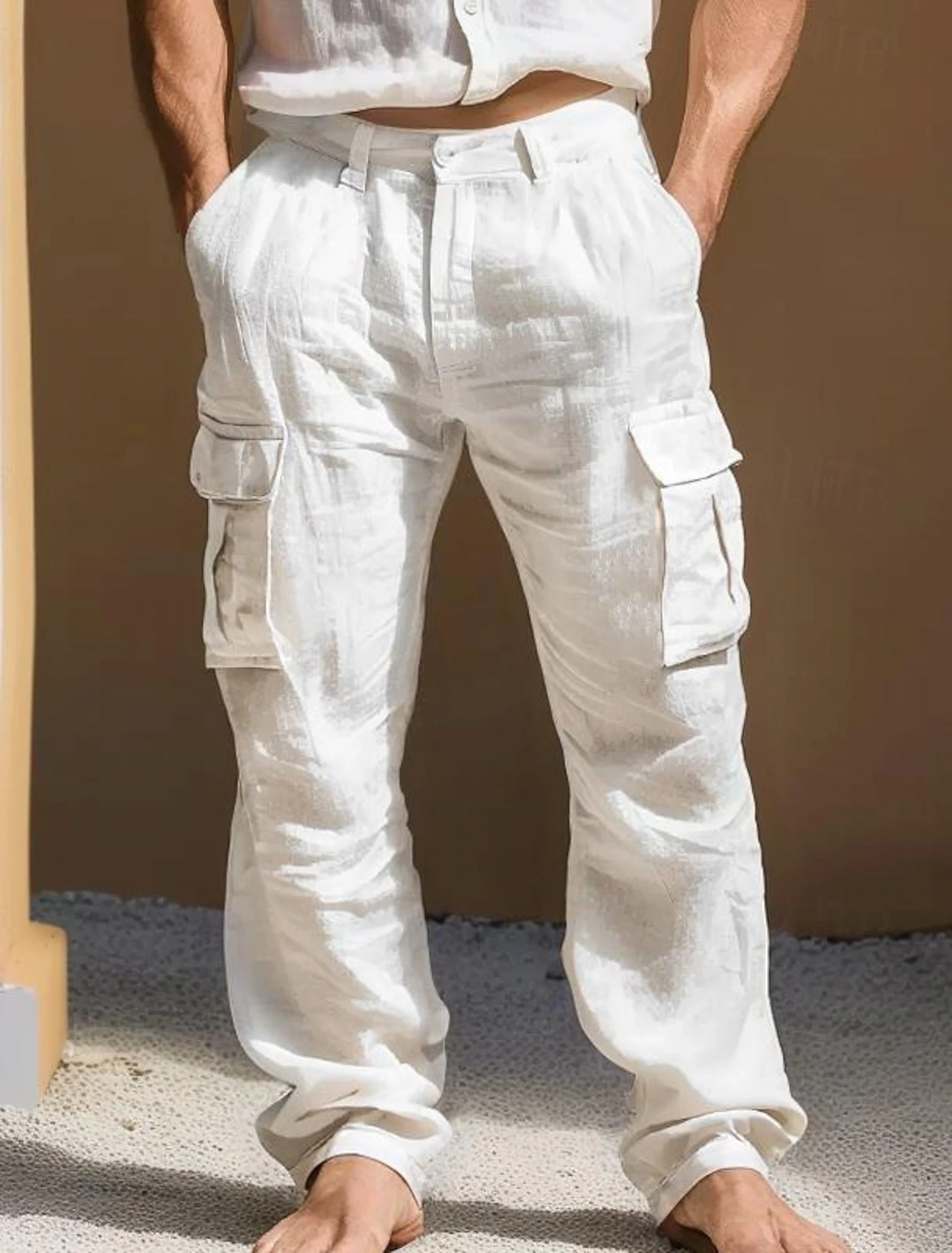 White linen cargo pants with side pockets – relaxed fit men’s summer beachwear