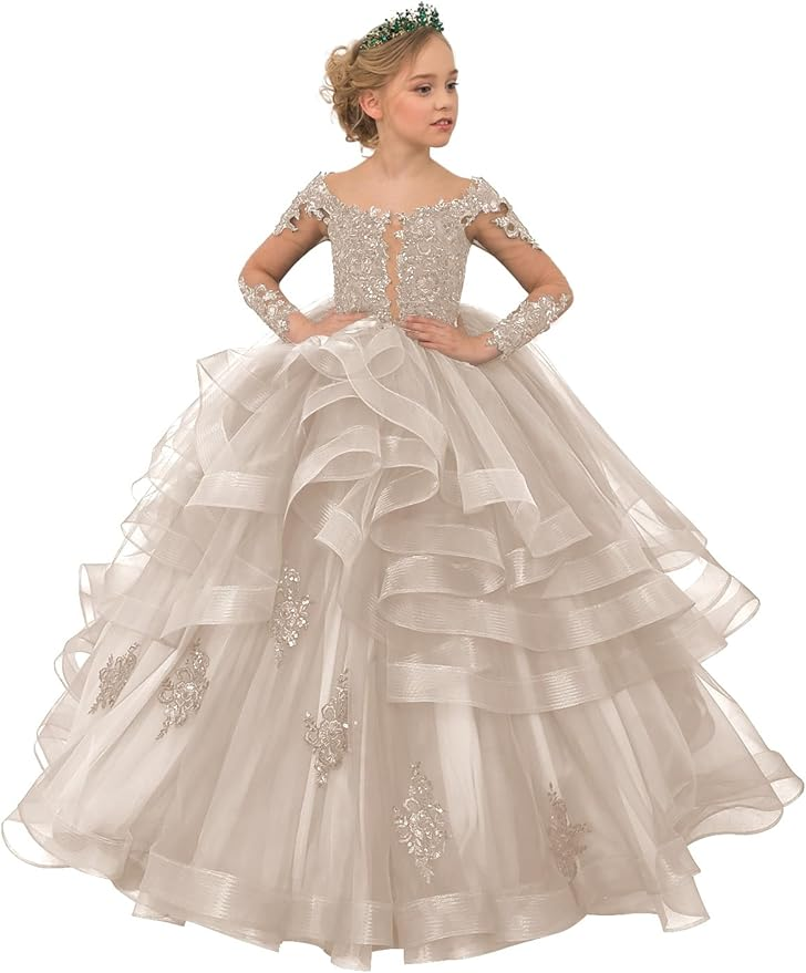 Long Sleeve Flower Girl Dresses Lace Applique Princess Ruffles Tulle Party Gown