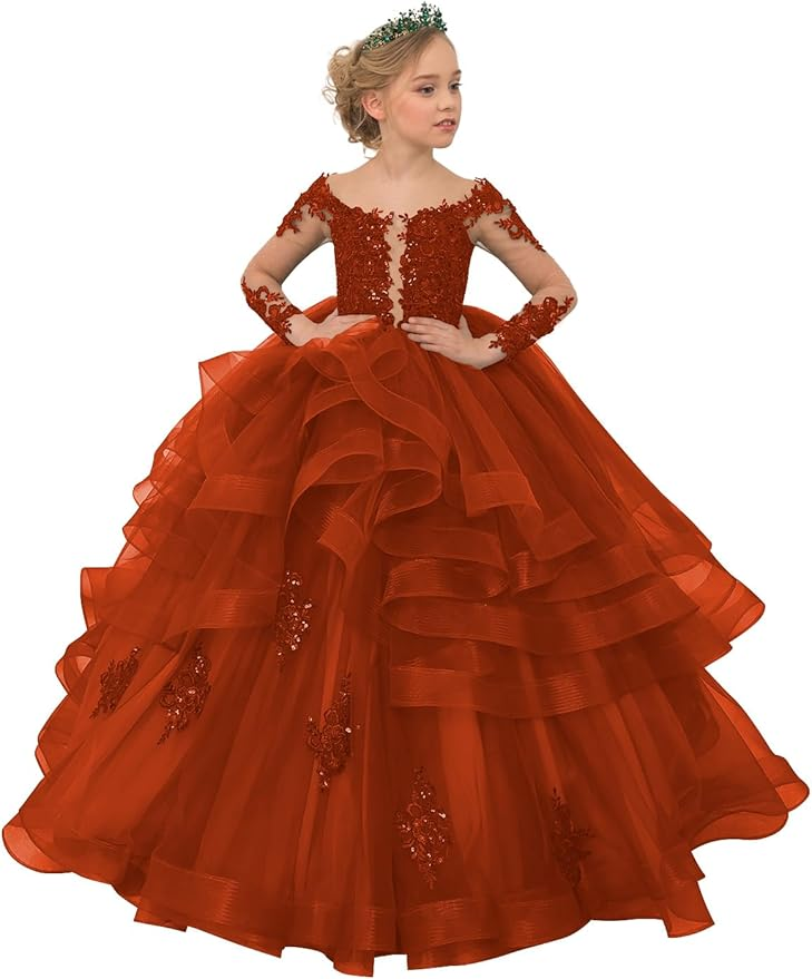Long Sleeve Flower Girl Dresses Lace Applique Princess Ruffles Tulle Party Gown