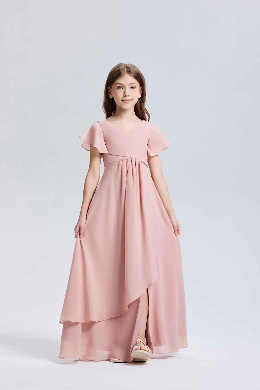 Elegant Ruffle V-Neck Slit Chiffon Flower Girl Dress