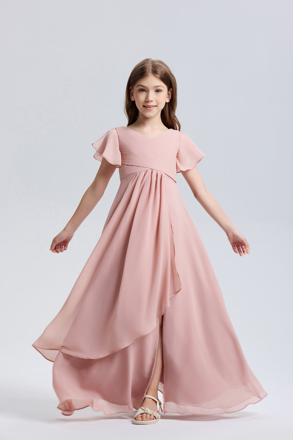 Elegant Ruffle V-Neck Slit Chiffon Flower Girl Dress